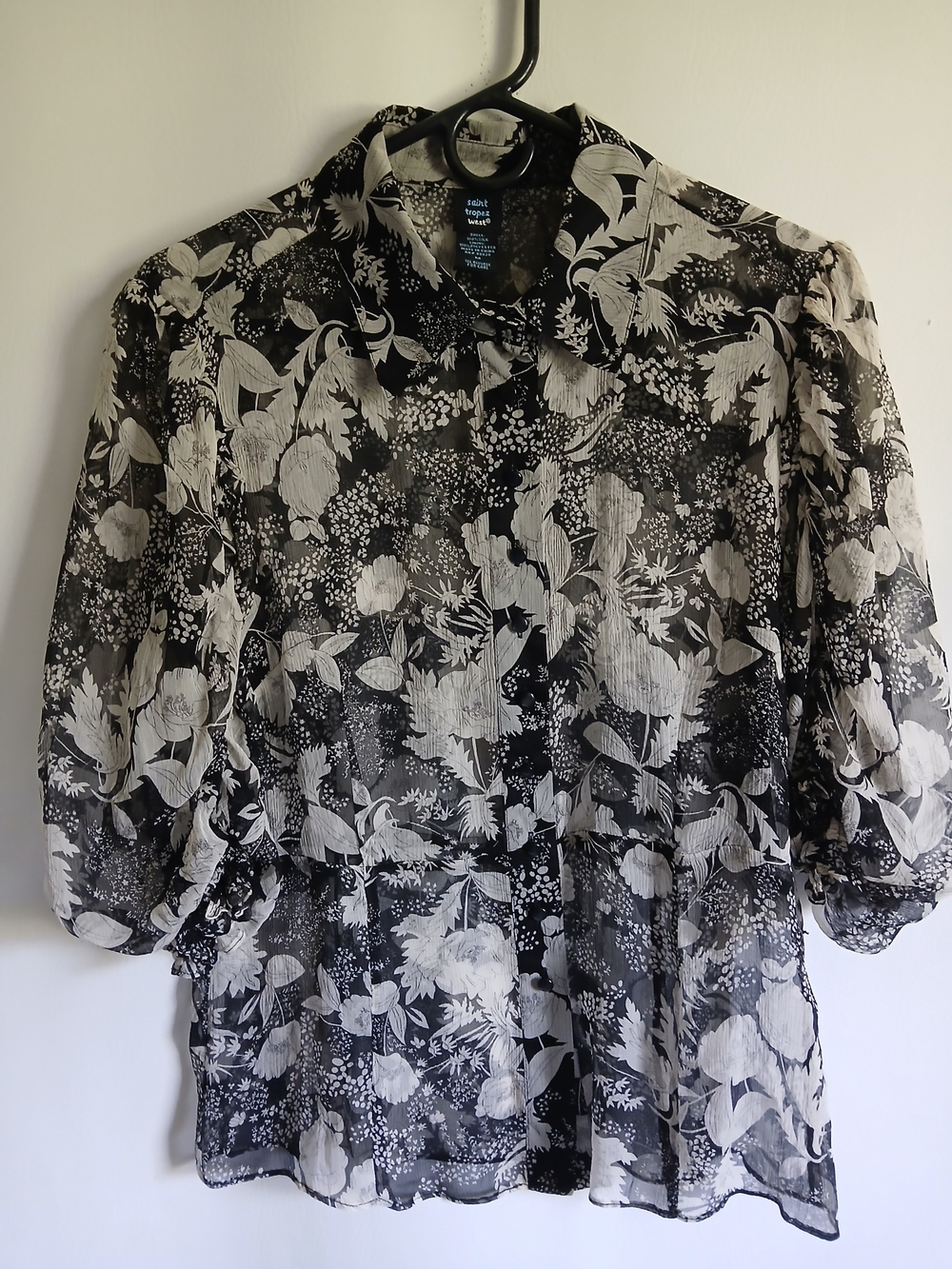 Sheer Black & White Floral Button-Up Blouse 100% Silk SzM Puff Sleeve